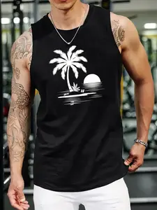 Men's Palm Tree Sunset Graphic Vest Tank Top - Tropical Beach Print Sleeveless T-Shirt, Breathable Muscle Tank for Gym, Fitness, Summer Casual, Vacation, Surf, Black Loose Fit Tee for Men