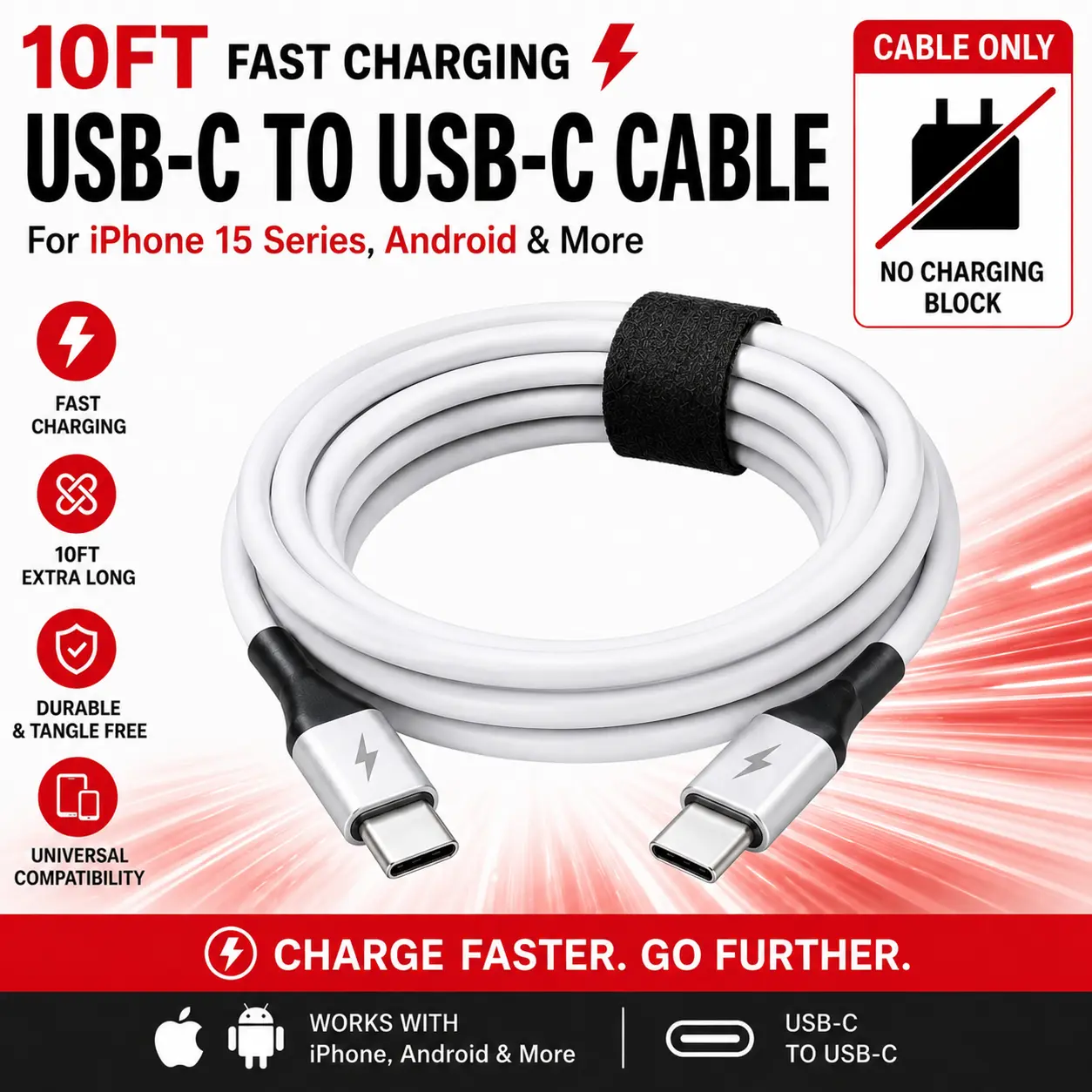 10FT USB C to USB C Cable, 60W Fast Charging USB-C Charger Cord, USB C Charging Cable for iPhone 16/15 Series, Samsung Galaxy S25/S24/S23, iPad, MacBook Air, Pixel, USB-C Devices (White)