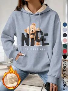 Women's Fall Winter Hooded Sweatshirt, Long Sleeve Fitted Casual Top, Cartoon Heart Graphic Print, Fashionable Daily Wear, Womenswear