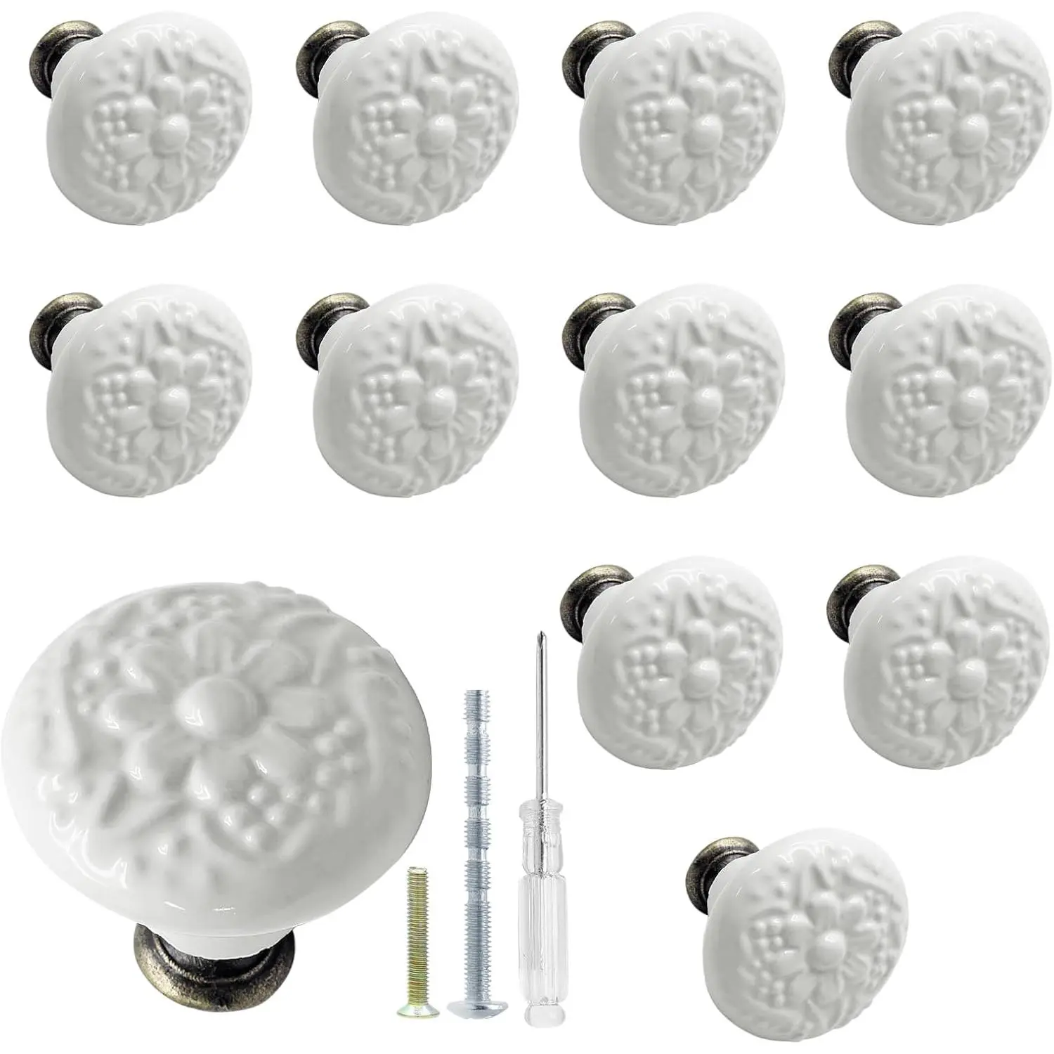 12 Pcs White Ceramic Kitchen Cabinet Knobs and Pulls, Retro Vintage Round Drawer Knobs, Decorative Closet Door Handles