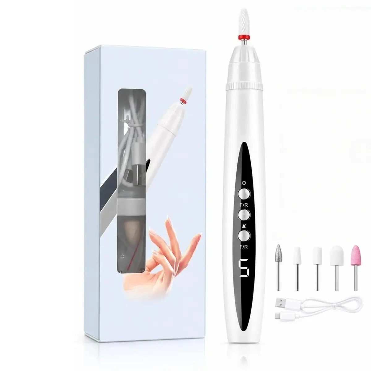 Cordless Lightweight Handheld USB Rechargeable Electric Fungal Nail Drill - 5-Speed Toenail Grinder with Rotation Switch, UV Light, 5 Grinding Bits, Daily Manicure Tool for Thick Damaged Discolored Nails, At-Home Onychomycosis Care, Charge Via Usb