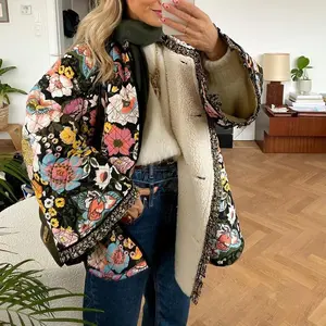 Women Winter Loose Quilted Jacket Floral Print Button Down Long Sleeve Padded Coat Warm Outwear