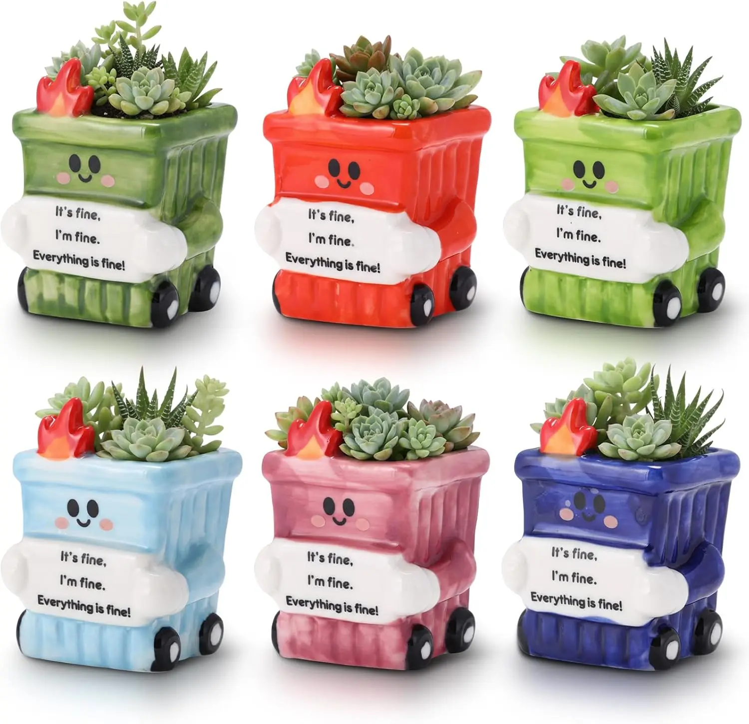 6-Piece Ceramic Emotional Support Dumpster Fire Succulent Planters - Ceramic Planters for Indoor Plants, Decorative Flower Pot with Drainage, Mini Office Desk Decor Gift for Coworkers