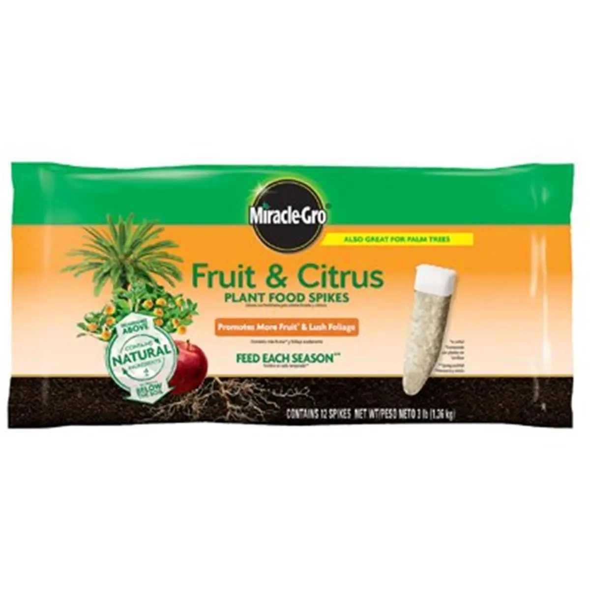 Scotts Miracle-Gro 187332 Fruit & Citrus Plant Food Spikes - Balanced Feed Citrus Trees Fertilizer, Fruit Tree Booster Fertilizers & Plant Food, Garden Soil Supplement, 12-Pack, Organic