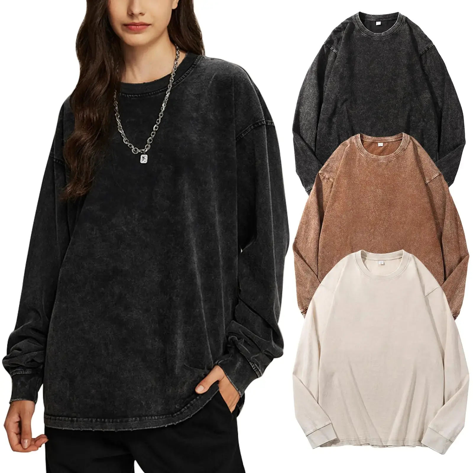 3 Pack Oversized T-Shirts for Women And Men Cotton Long Sleeve Vintage Acid Wash Baggy T Shirts