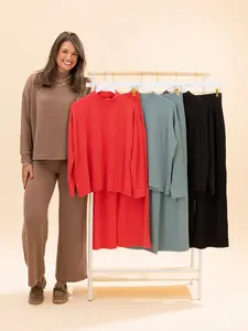 Zenana Raise Rib Mock Neck Long Sleeve Tee & Pants Set | S-L