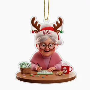Personalized Crazy Bingo Lady Christmas 2025 Acrylic Ornament, Custom Name Bingo Lover Funny Game Night Keepsake Holiday Tree Decoration