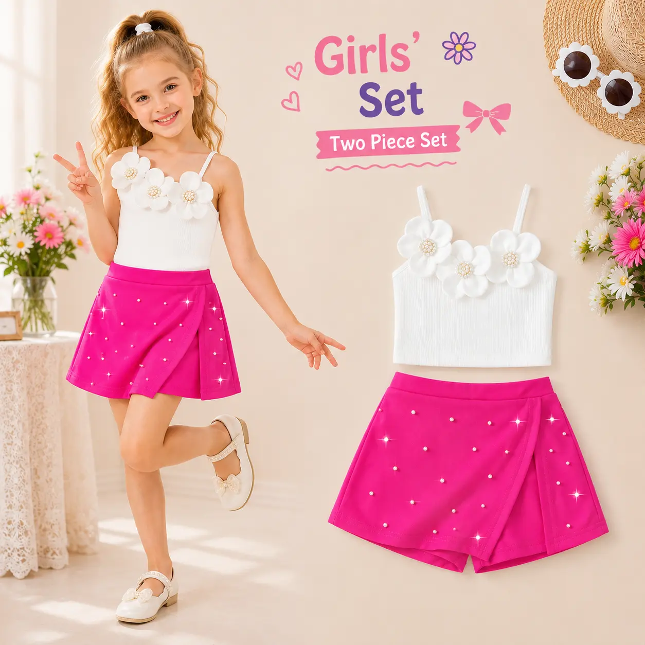 Toddler Girls Boutique Flower Skort Set, One Shoulder Ribbed Top with Pearl Embellished Wrap Skirt Shorts, Summer Party Outfit