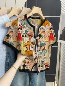 Women's khaki bohemian vacation short-sleeve knit top. Loose round neck, contrast figure print, front tie and contrast piping. Comfortable for spring & summer casual wear.