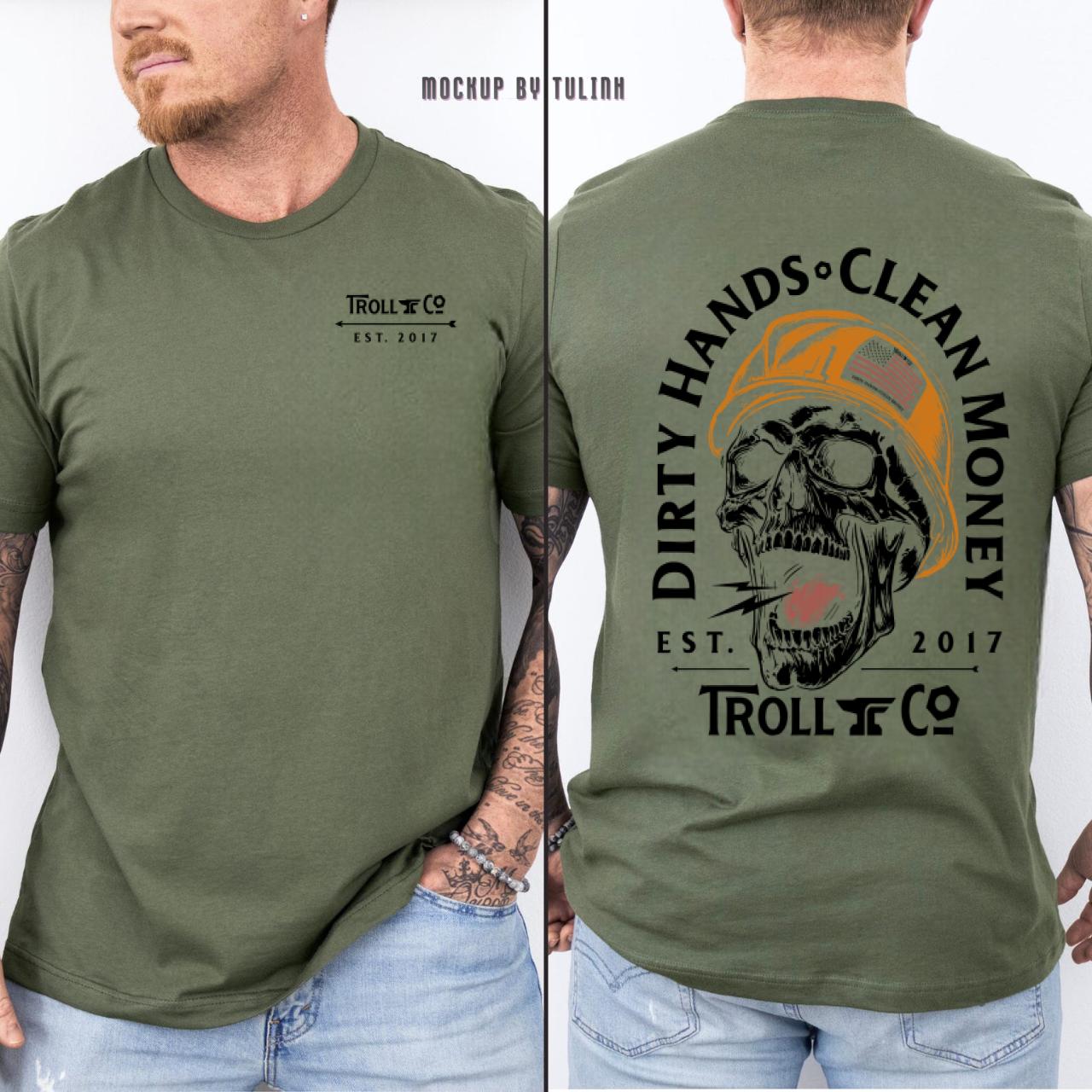Blue Collar Dirty Hands Clean Money Shirt, Skull Hard Hat Graphic Tee, Construction Worker Electrician Lineman Welder Apparel, Funny Rugged Workwear Gift for Dad