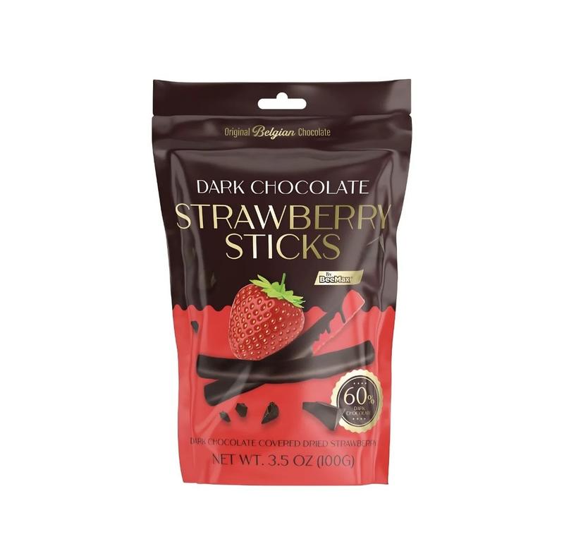 Belgian Chocolate Covered Strawberry Sticks - Milk Or Dark Chocolate Gourmet Covered Dried Fruit, 3.5 oz Resealable Pouch, Non-GMO, Perfect Treat for Chocolate Lovers (Dark Chocolate, Strawberry)