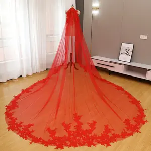 Dramatic scarlet cathedral veil,romantic wedding veil,traditional style bridal veil,delicate floral lace bridal veil