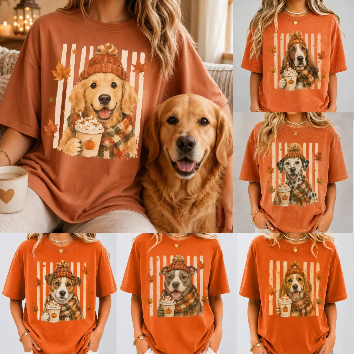 Comfort Colors Fall Dog Breeds Cozy Drink Shirt, Personalized Dog Mom Tee, Autumn Cosy Dog T-Shirt, Pumpkin Spice Autumn Custom Pet Portrait Shirt