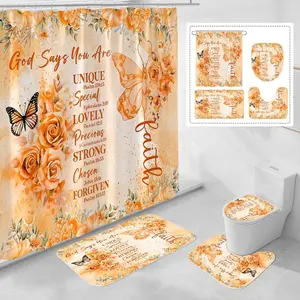 4 Pcs Orange Butterfly Inspirational Quotes Shower Curtain Set with Rugs and Toilet Lid Cover, Colorful Boho Waterproof Fabric Bathroom Set, Bible Verse Floral Bathroom Decor Set Accessories