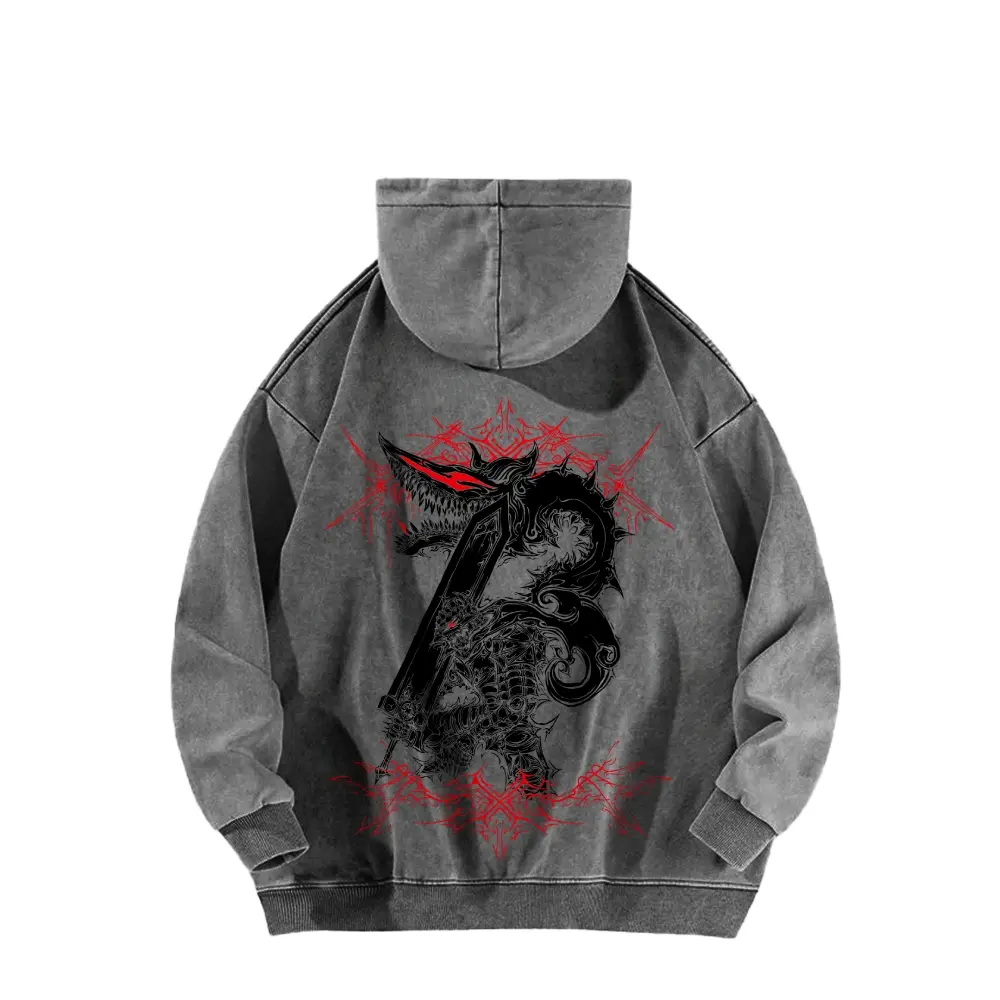 Guts from *Berserk* is depicted wearing his Berserker armor on this American-made, washed hooded sweatshirt.  It features a standard American fit and a street style design.