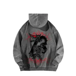 The protagonist Guts from *Berserk* is depicted wearing his Berserker armor on this American-made, washed hooded sweatshirt.  It features a standard American fit and a street style design.