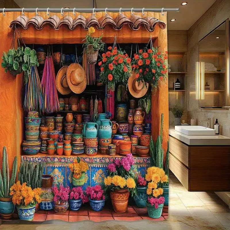 A Mexican western country-style shower curtain, waterproof, abrasion-resistant, easy to clean, machine washable, multiple sizes, for bathroom, Decorative Shower Curtain, Restroom decoration, partitions, with hooks, Bathroom Decoration Accessories