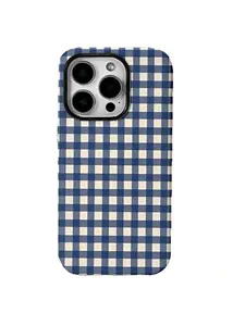 Blue and white checkered pattern phone case, compatible with iPhone 17 Pro Max, 16, 15, 14, 13, 12 and Samsung 25 Ultra Plus, 24, 23, 22.  Features a dual-layer shockproof design with a TPU inner lining. A perfect gift for girls.