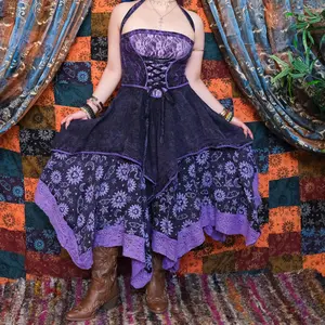 Witchy Celestial Cotton Pixie Dress, Fairy Goth Assymetrical Cottage core Dress, Maxi Boho Corset Fae Halter Dress, Handkerchief Lace Dress