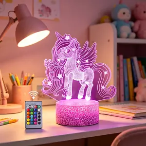 Unicorn Night Light for Girls 3D Optical Illusion Lamp with Remote & Smart Touch 16-Colors Changing Dimmable Acrylic Bedside Lamp, Magical Unicorn Toys Birthday Christmas Gifts for Kids Toddlers