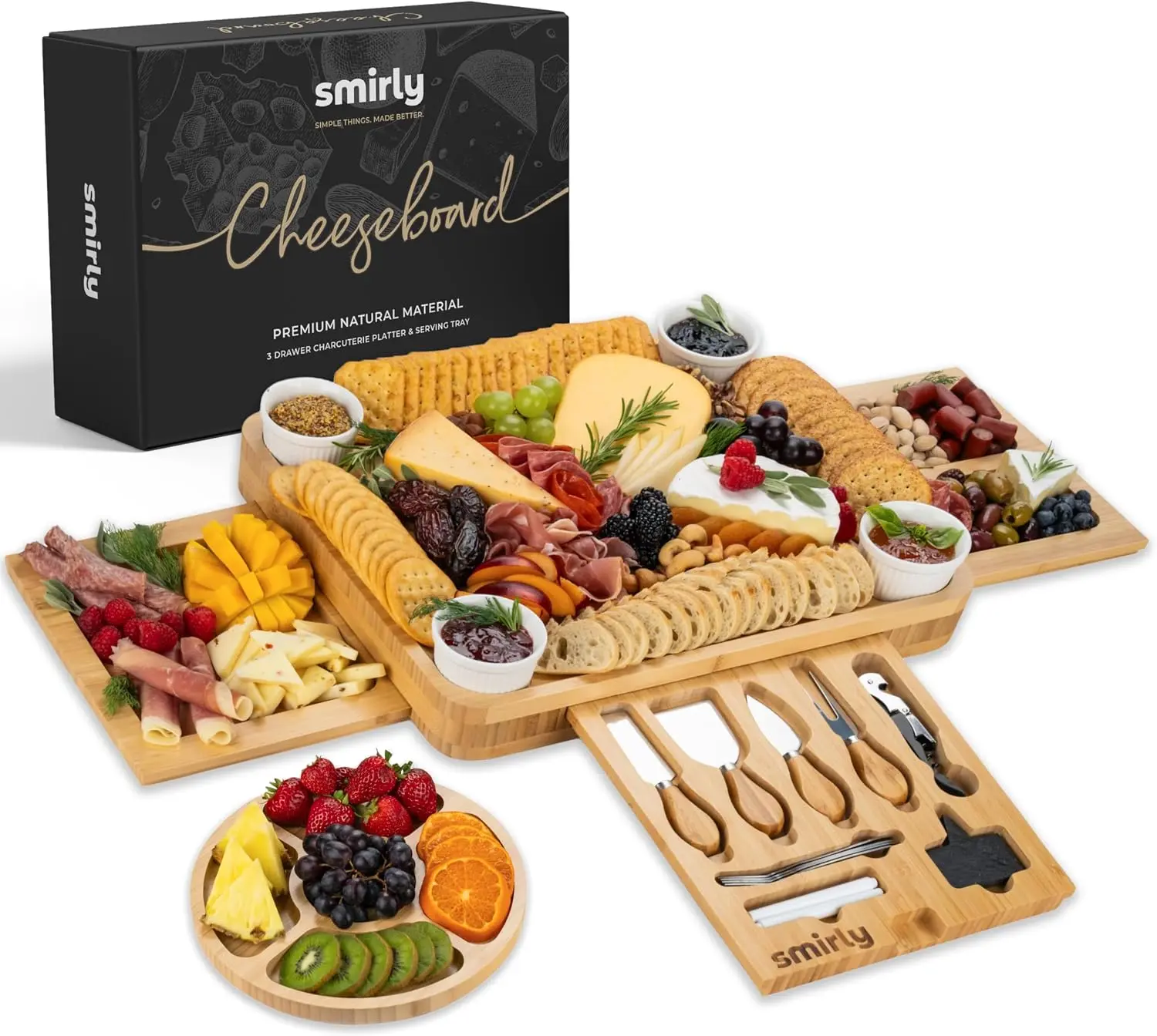 SMIRLY Charcuterie Boards Set, Large Cheese Board Set, Bamboo | House Warming Gift, Wedding Gift for Couple, Bridal Shower Gift, Cheese Board Gift Set, Detachable Drawer Design, 3-Drawer