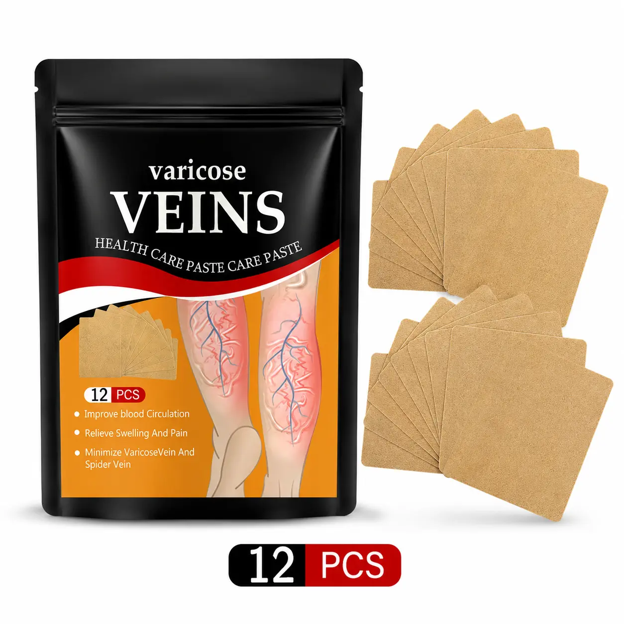 Varicose Veins Leg Care Patches, 12 PCS Herbal Leg Comfort Patches with Safflower Seed Oil & Ginger Root Extract, Skin-Friendly External Use Patches for Calf, Lower Leg & Daily Leg Care