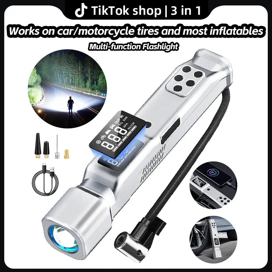 3-in-1 Cordless Air Compressor & LED Flashlight: Portable Tire Inflator with Digital Display, USB Rechargeable Large Capacity Battery for Car Tires, Motorcycles, Bikes, Emergency Tools, Outdoor Camping, Hiking.