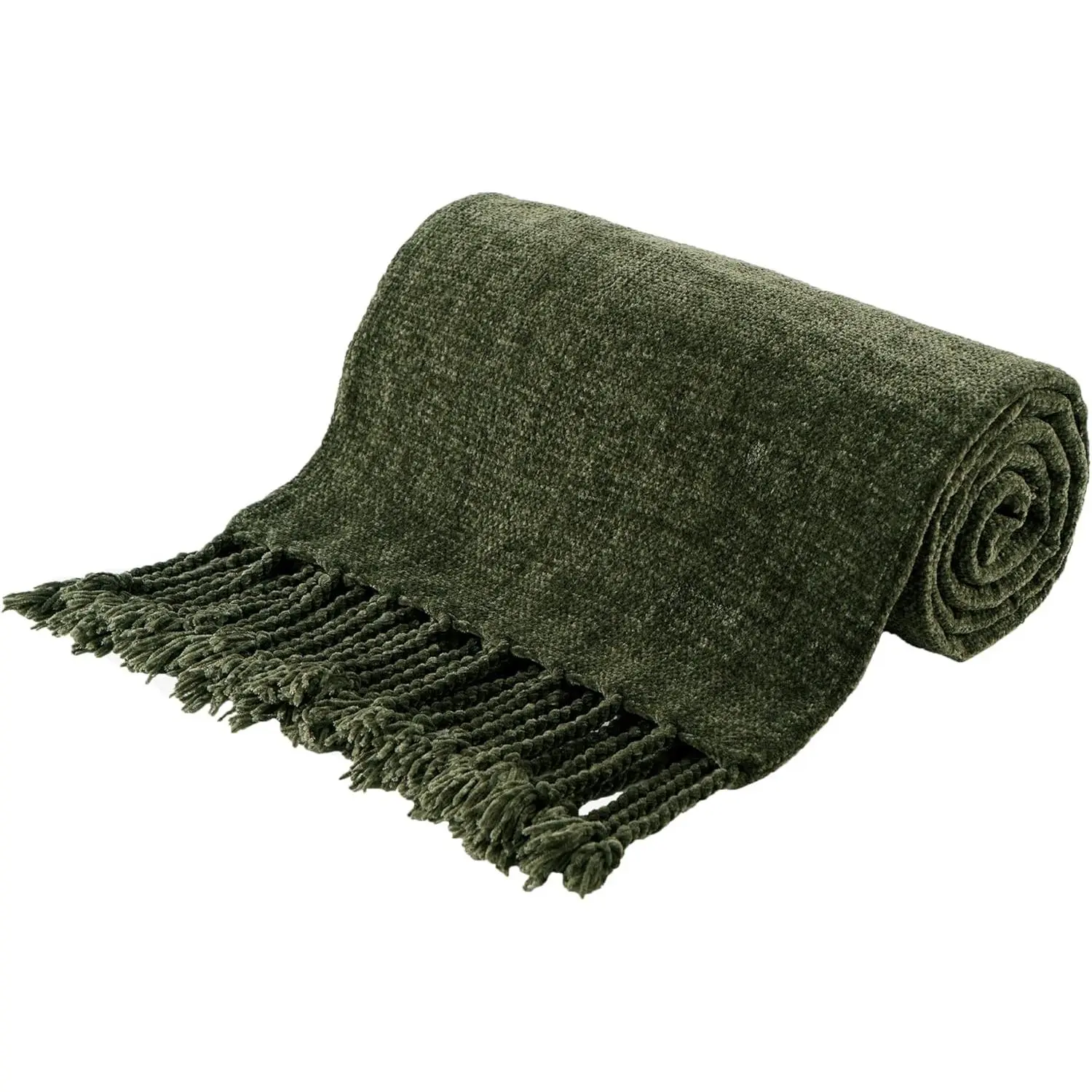 Olive Green Throw Blanket for Couch Bed Sofa, Soft Cozy Chenille Throw Blanket with Fringe Tassels, Lightweight Knit Throw Blanket for  Decor, 50"x60"