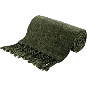 Olive Green Throw Blanket for Couch Bed Sofa, Soft Cozy Chenille Throw Blanket with Fringe Tassels, Lightweight Knit Throw Blanket for  Decor, 50"x60"