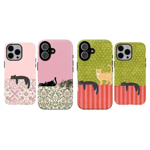 [No Magnetic] Whimsical Cat Phone Case,Orange & Black Cat Phone Case,Durable Dual-Layer design phone case,for iPhone 17 16 15 14 13 12 11 8 7 for Samsung For Galaxy Series,Pink Floral Vintage Aesthetic Shockproof Cover,perfect gift for her