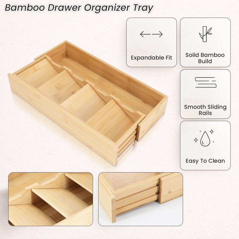 Bamboo Adjustable Cutlery Drawer Organizer Expandable Utensil Tray for Kitchen Drawers Compact Storage for Spoons Forks Knives Easy Access Clean Collapsible Eco-Friendly Flatware Holder