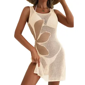 Dokotoo Women's Summer Swimsuit 2026 Cover up Crochet Beach Floral Hollow Out Slit Bikini Sleeveless Cover up Dresses