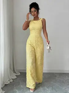 Women‘s Classy Jacquard Floral One-Piece Romper, Butterfly Knot Halter Jumpsuits, Slim Fitting Straight Leg Pants, Business Party Birthday Travel Clothes