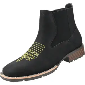 Men Western Ankle Cowboy Boots Square Toe Embroidered Pull On Chelsea Ankle Booties Comfort Casual Dress Retro Slip On Short Boots Walking Shoes Footwear