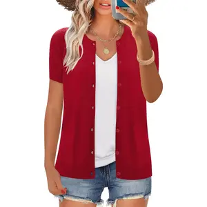 Women's 2025 Short Sleeve Cardigan Button Up Hollowed Out Crewneck Shrug Sweaters Knit Sweater Tops Lightweight