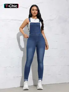 Women's Plain High Waist Skinny Denim Overalls, Casual Sleeveless Pocket Button Overall Jeans for Daily Wear, Ladies Bottoms for All Seasons, Womenswear, Dungarees, Clothes for Women, Comfy Body Shaping Jumpsuit, Casual Fitted Jumpsuit