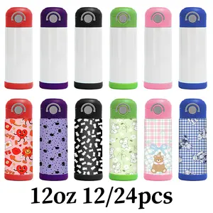 24-Pack 12oz/350ml  Kids Sublimation Tumbler with Straw Lid Insulated Water Bottle Bulk, Double-Layer Stainless Steel, 6 Mixed Colors, Handmade Drinkware Gift Set for Christmas, Restaurant & Café Utensils