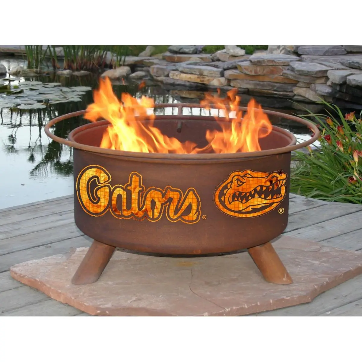 Patina Products Florida Rust Patina Steel Outdoor Fire Pit - 50 lbs, Fully Assembled, Open Flame, Detachable Legs, Built-In BBQ Grill, Included Poker, Safety Ring, Handle, Footrest for Patio, Beach Use