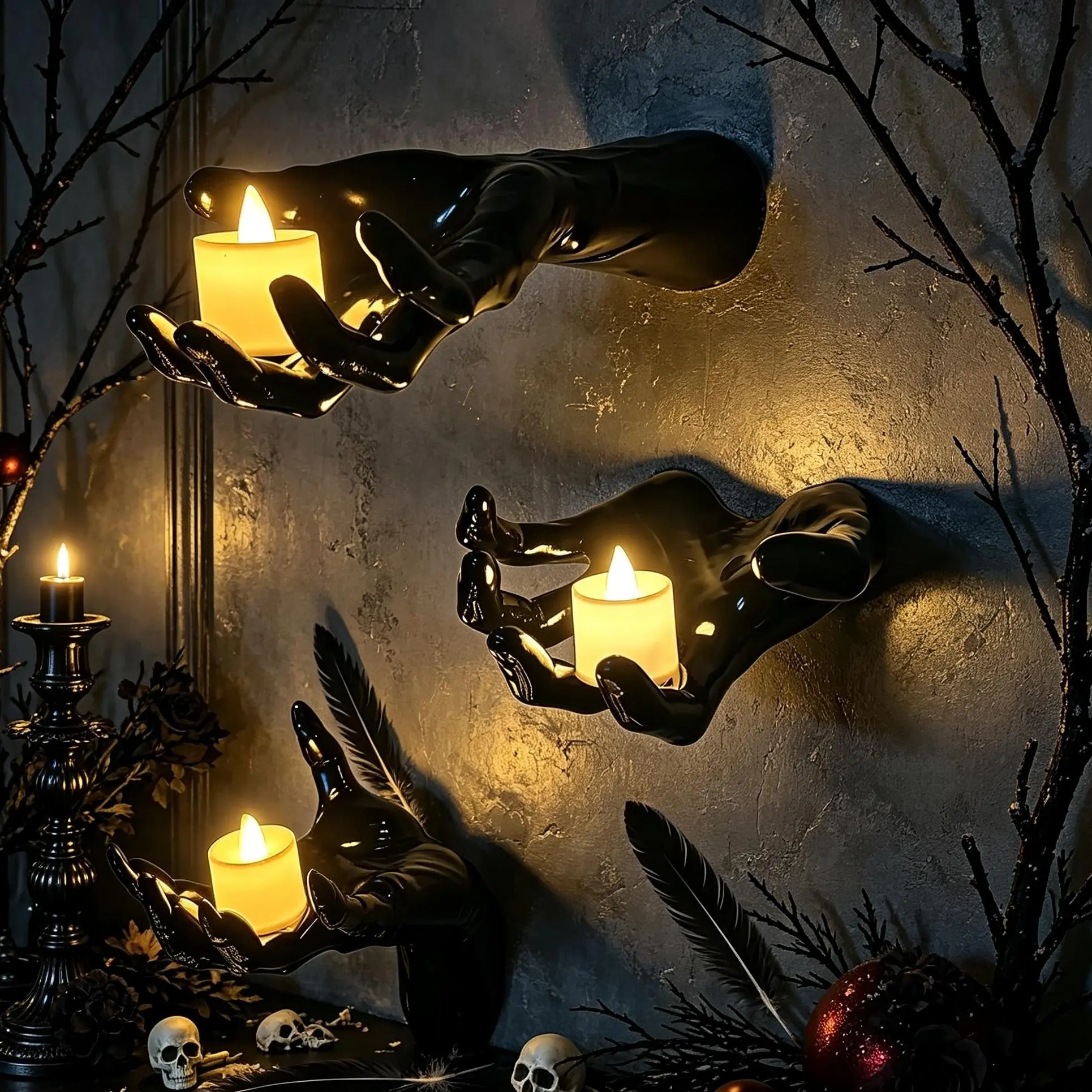 3-Pack Creepy Reaching Hands Wall Sculpture with LED Candles, Gothic Halloween Decoration, Indoor Outdoor Ornaments for Home Festive Supplies