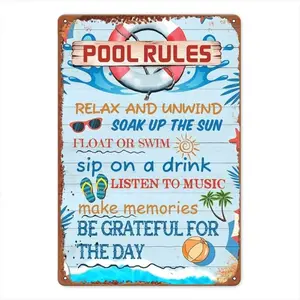 2D Flat, 1pc,Large Vintage "Pool Rules" Metal Sign, vintage Aluminum  Billiard Wall Art with Retro Pool Table Decor ,Funny Game Room Sign Suitable for Home, Bar, for Cave ,Pre-Drilled for Easy Hanging,Holiday Gift for Pool Players