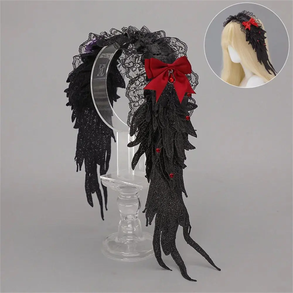 Dark Gothic Lolita Headwear Angel Wings Lace Bow Headdress Harajuku Steampunk Y2K  Headband Kawaii Original Hair Accessories