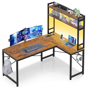Sikaic 45.3 Inches LED Reversible Gaming Desk Brown Monitor Riser Home Office Furniture
