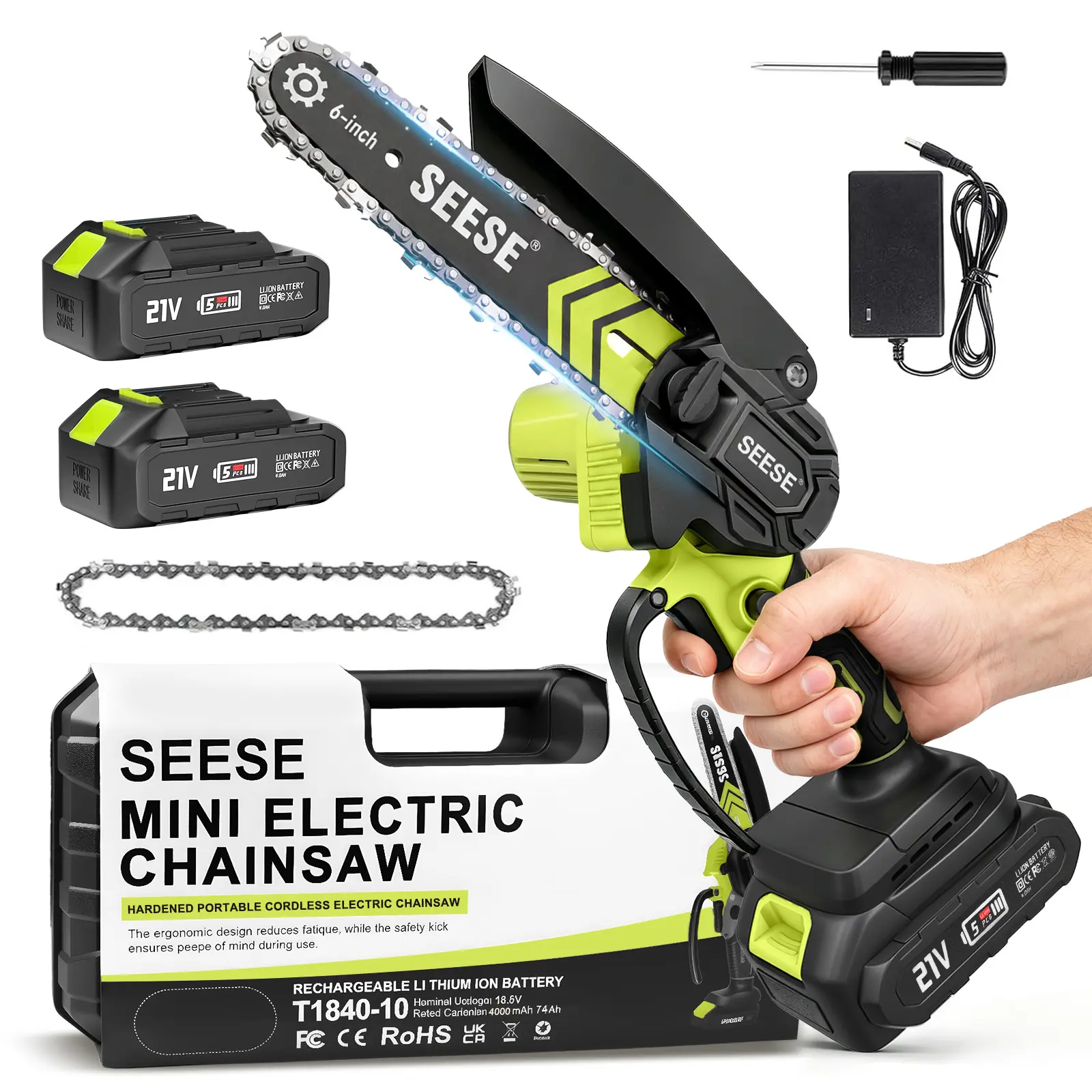 SEESE 6-Inch Mini Chainsaw Cordless, Portable Cordless Electric Chain Saw for Wood Cutting, Pruning, Gardening & Camping, 2000mAh Battery Included, Suitable for Seniors & Women, Halloween gifts