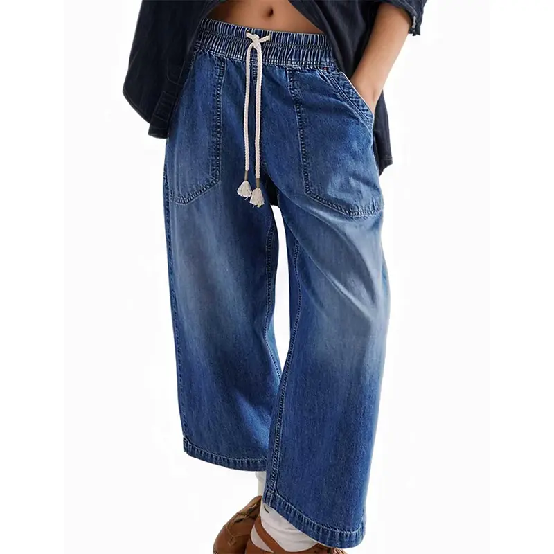 Womens Mid Rise Wide Leg Jeans Drawstring Ankle Baggy Casual Elastic Fashion Boyfriend Denim Pants with Pockets