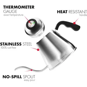 Pour Over Kettle - Gooseneck Kettle With Thermometer for Coffee and Tea Brewing - 40oz