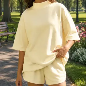 Yellow Cream Solid Color Exposed Seam Mock Neck Oversize Tee Casual Shorts Co-ord 2pcs Outfit Set Womenswear Suits
