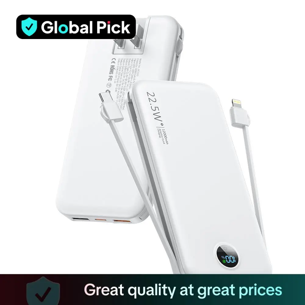 Portable Lightweight 12000mAh Power Bank With 2 built-in cable & Digital Display For Music Festival, Multifunctional QC4.0 PD3.0 Fast Charging Power B