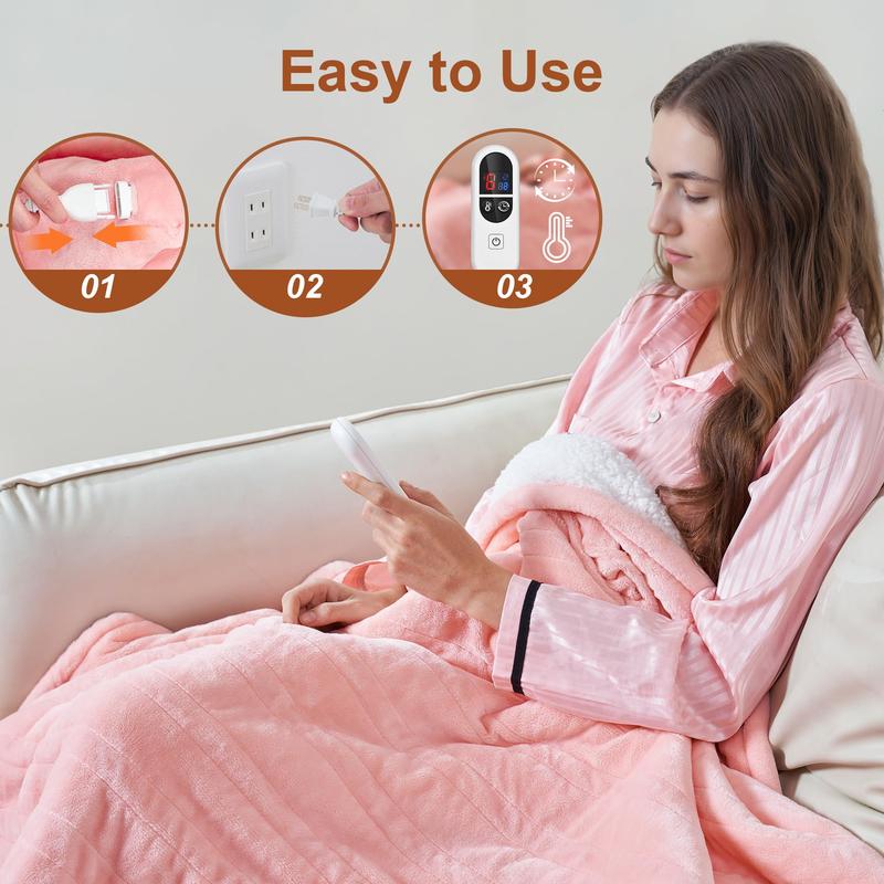 TEHANLD Heated Blanket Electric Throw, GentleSoft Flannel Heating Blanket with 12 Hours Auto-Off and 6 Heating Settings, Machine Washable Sherpa Heated Blanket with Overheating Protection