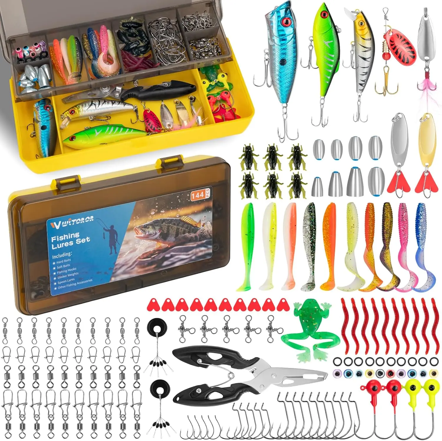 WITOROR Fishing Lure Tackle Box Kit - Fishing Equipment with Crankbaits, Spoons, Soft Baits, Hooks, Jigs, Weights & Other Accessories for Bass, Walleye, Fishing Lure Tackle Boxes
