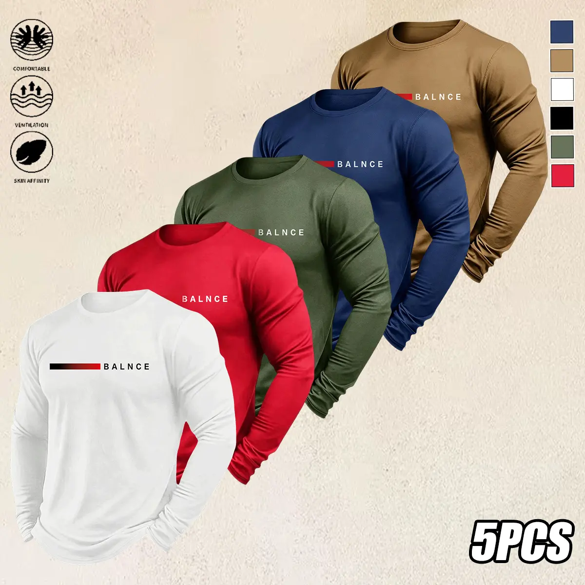 Men's Colorblock Polyester Crew-Neck Long-Sleeve Sports Shirts (5-Pack) - Breathable, Loose, Comfortable for Casual Workouts, Ideal for Street Style, Polyester Clothes